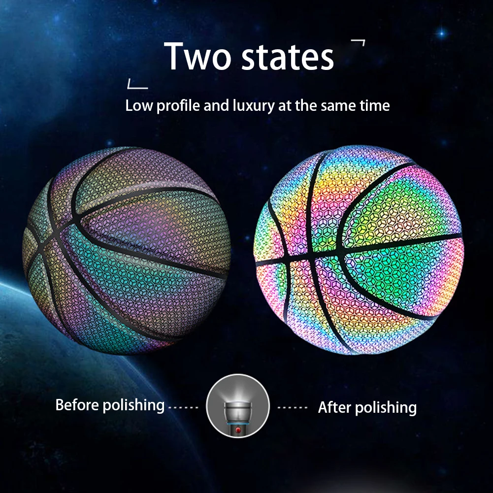 

Holographic Reflective Basketball Ball Wear-Resistant Luminous Night Light Ball Basketball Glowing Basketball Ball With Bag Pin