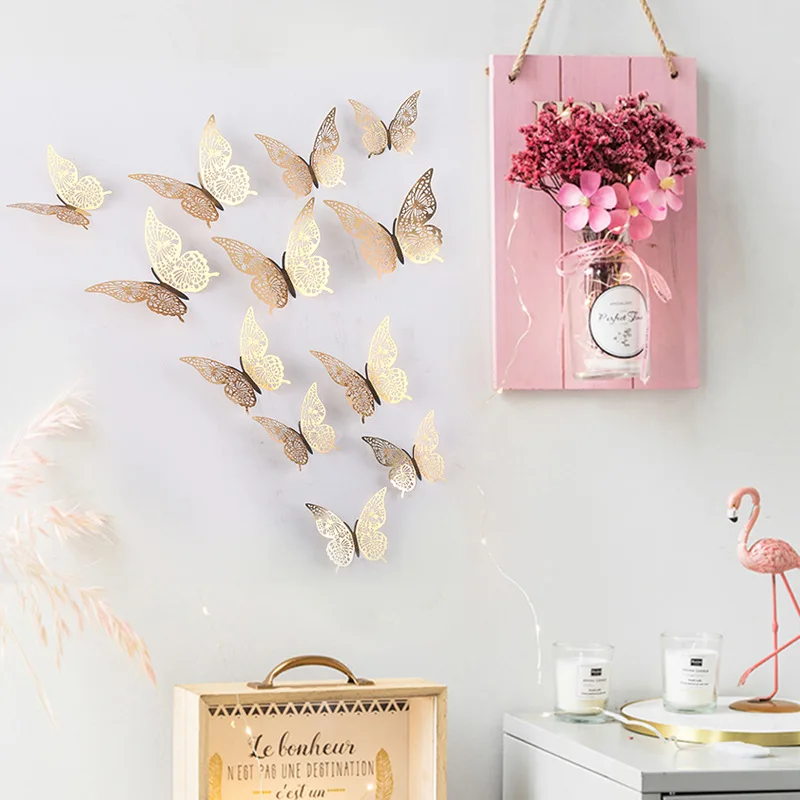 

12PCs 3D Hollow Butterfly Wall Stickers For Kids Room Home Decor Fridge Stickers DIY Art Mural Party Wedding Butterflies Sticker