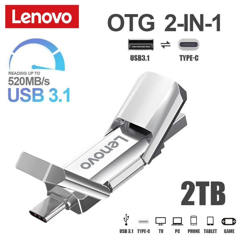 Lenovo USB 3.1 флэш-накопитель 2 в 1 OTG 1 ТБ 512 ГБ высокоскоростной металлический U-диск памяти Type C мобильный накопитель водонепроницаемый USB-накопитель