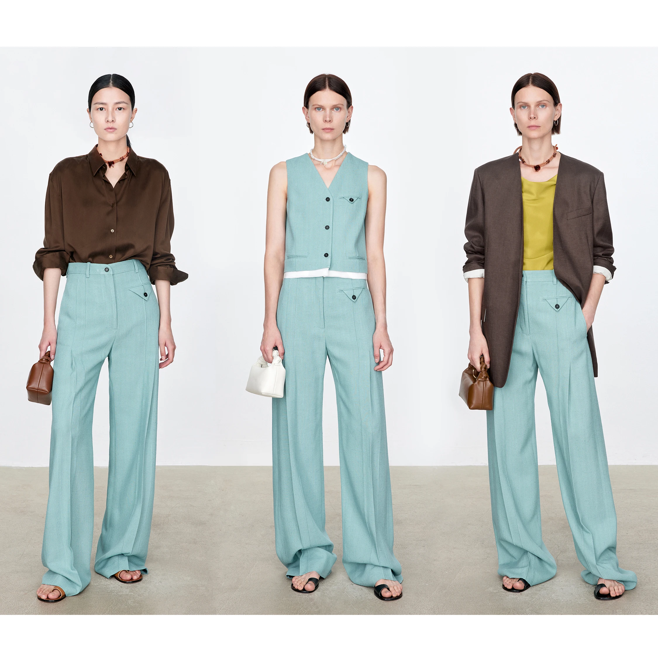 Chicjoc Counter Same Sle Italian Three-Dimensional Silk Knot Viscose Layered Color Matching Vest Wide Leg Pants