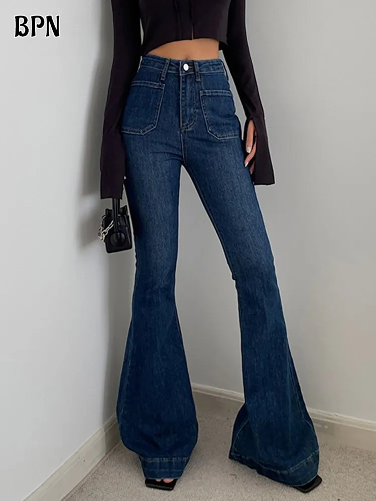 

BPN Minimalist Solid Flare Pants For Women High Waist Patchwork Button Vintage Casual Slimming Jeans Female Fashion Clothing New