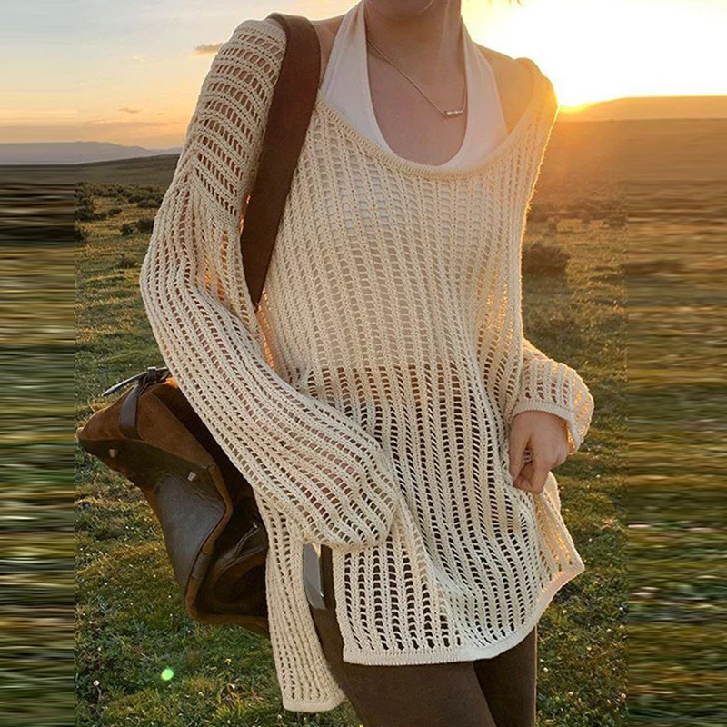 

Chic Retro Loose Knitted Sweater T-Shirt Vintage Grunge Y2K Hollow Out Crochet Smock Tops Boho Beach Holiday Cover-Ups Clothes