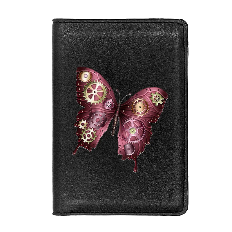 

Black Fashion Steampunk Gear Butterfly Passport Cover Leather Men Slim ID Card Holder Pocket Wallet Case Travel Accessories