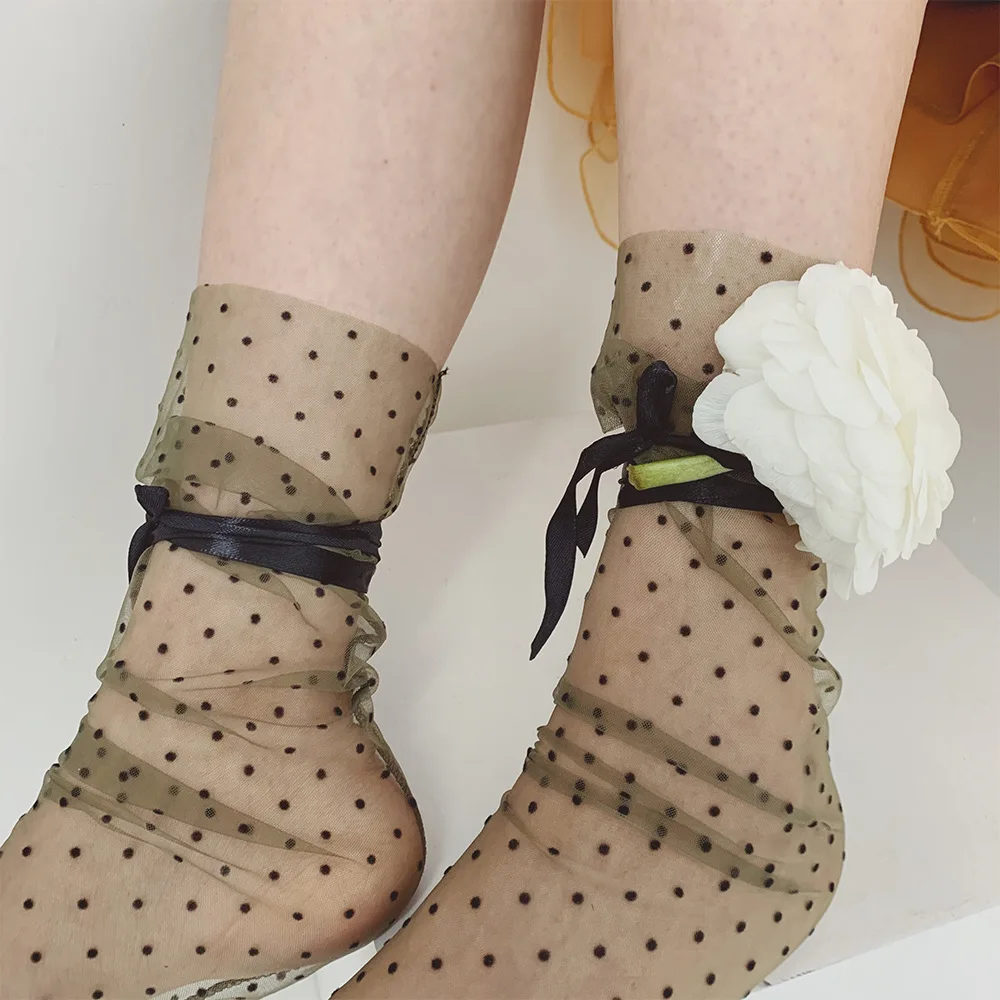 5pair Sexy Dot Lace Socks Women Transparent Mesh Ankle Socks Ladies Ultra-thin Princess Tulle Socks Female Lace Up Socks Girl
