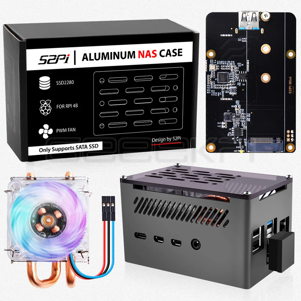 Фото Чехол GeeekPi с алюминиевым кирпичным корпусом, черный корпус с M.2 Sata SSD Mini, низкопрофильный башенный охлаждающий вентилятор для Raspberry Pi 4, Модель... №2