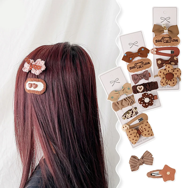

Hair Accessories Milk Tea Color Duckbill Clips Fabric Bow Hairpins Knitting Flower Bowknot Bangs Side Barrettes 5Pcs Handmade
