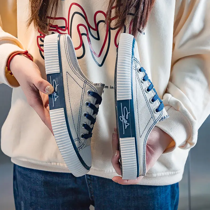 Women's Biscuit Canvas Shoes Student Korean Summer New Canvas Half Slippers Ulzzang All-match Sneakers Breathable Half Slippers