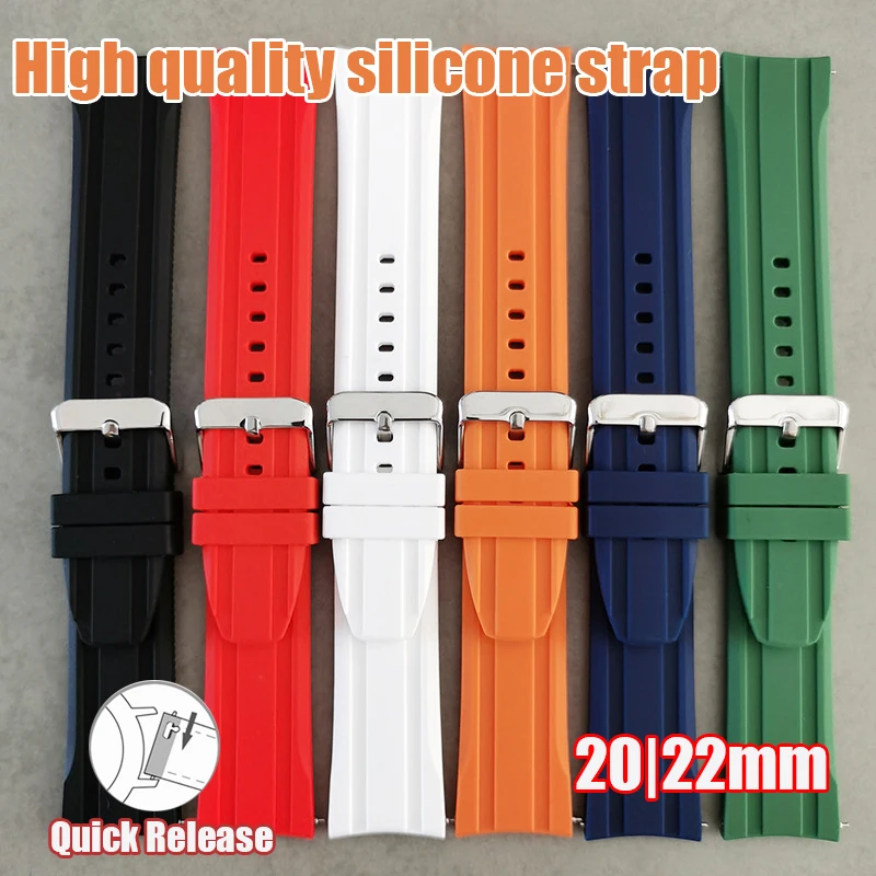 

20/22mm Curved End Silicone Strap Quick Release Sport Waterproof Stainless Steel Buckle Men Band Bracelet Watch Accessories