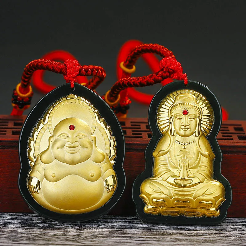 

4D gold-inlaid jade pendant and Hetian Moyu gem large Guanyin Buddha necklace for men and women with pure gold and Hetian jade