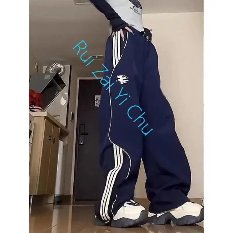 

Street National Tide Brand Side Striped Sweatpants American Hiphop Female Y2K Retro Loose Straight Joker Wide-Leg Casual Pants