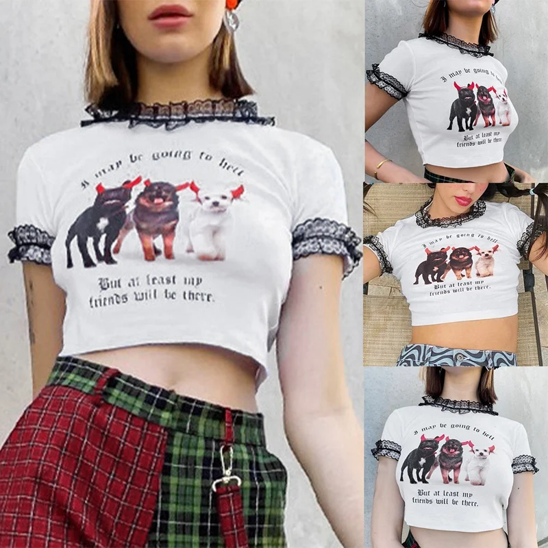 

Women Clothes T-Shirt Female Street Hipster Slim Short-Sleeve Shirt Dog Head Print Lace Bottom Tops T Shirt
