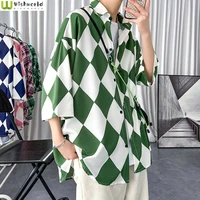 2022 summer new hip hop style street casual mens shirts diamond pattern stitching loose ice three quarter sleeve blouse clothes