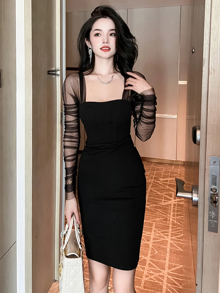 

Spring Midi Dresses for Women 2023 Black Elegant Sexy Dress Sheer See Through Mesh Spliced Bodycon Slit Robe Femme Party Clothes