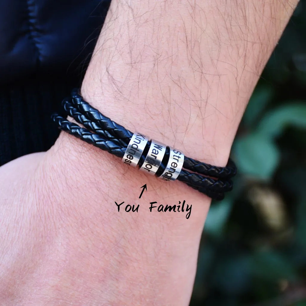 

Personalized Mens Braided Leather Bracelet with Name Stainless Steel Custom Engraved Beads Name Bracelet for Family Names Gift