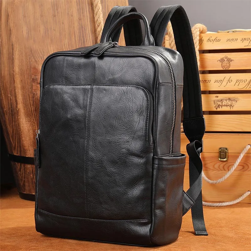 Luufan Genuine Leather Men Laptop Backpack Soft Cowhide 14 Inch Bagpack Travel Bag Women Leather Shoulder Bag School Bags Black