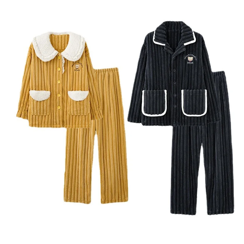 2022 Winter new couples pajamas Flannel and fleece thick pajamas Ladies casual cardigan coral fleece home dress set