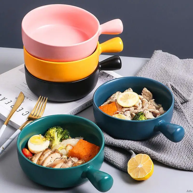

Baked Noodle Ceramic Bowl With Handle Baking Bowl Pasta Plate Simple Household Tableware Soup Bowl Salad Bowl Ceramic Tableware