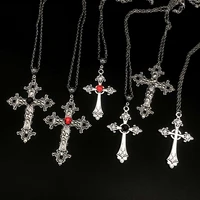large detailed cross drill pendant jewel necklace silver color tone gothic punk jewellery fashion charm statement women giftred