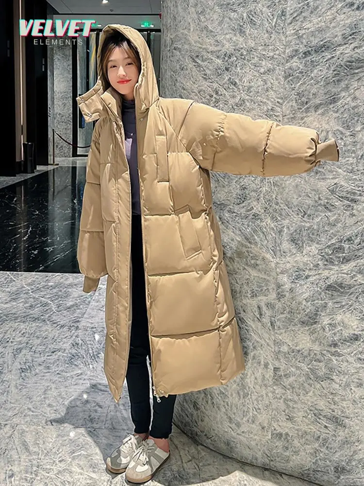 VelvetElements Korean Jacket Women Winter X-long Parkas Solid Hooded Thicken Warm Female Snow Wear Coat Padded Loose Clothes