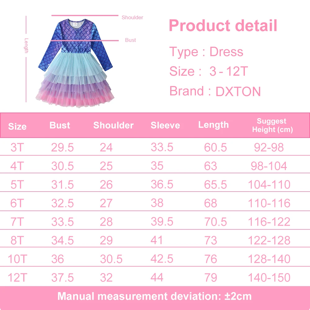 DXTON Autumn Long Sleevel Kids Dresses Mermaid Print Princess Tutu Dress Layer Mesh Tulle Vacation Outside Girls Clothing 3-8Ys