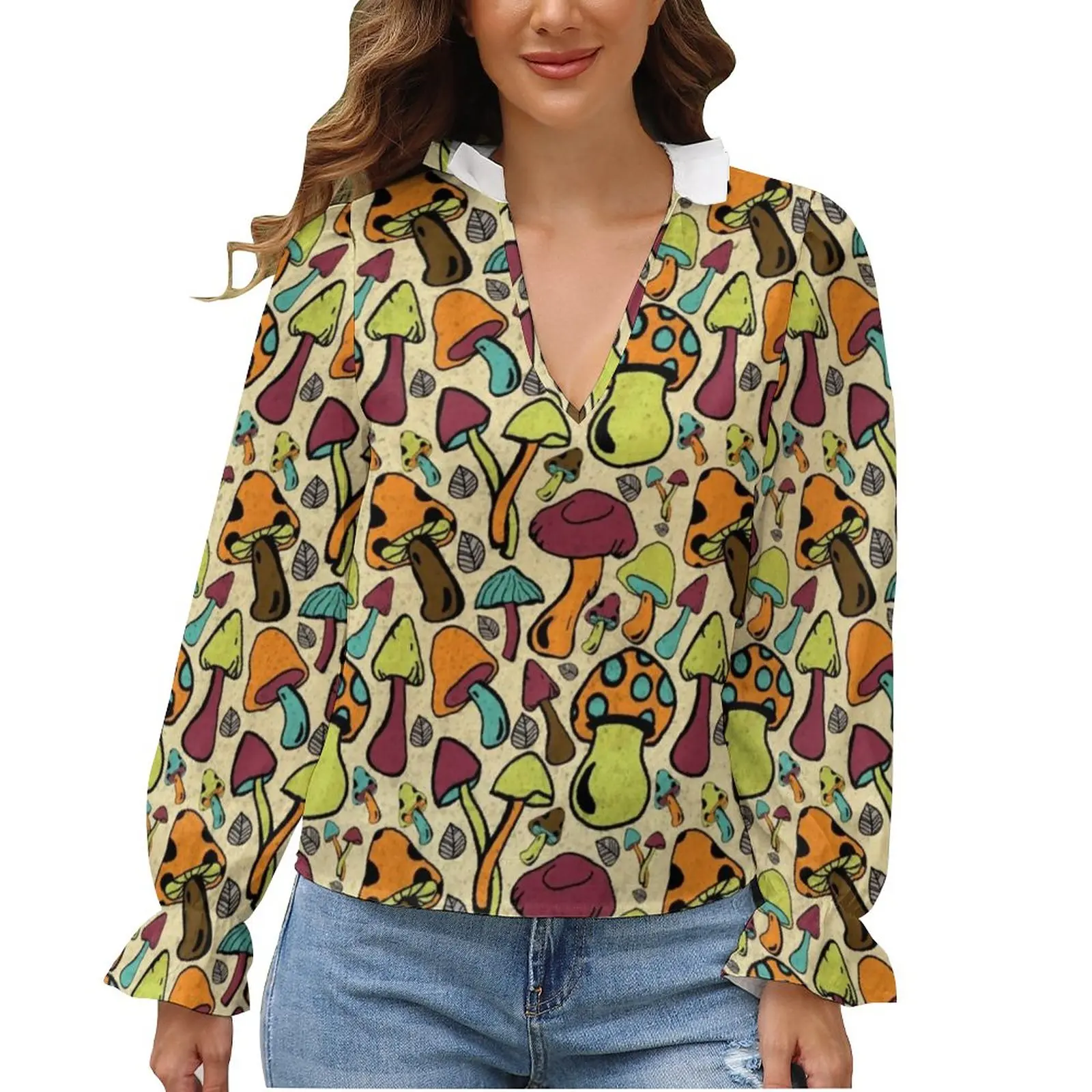 

Mushroom Blouse Food Puff Sleeve Ladies Cute V Neck Shirt Office Fashion Shirts