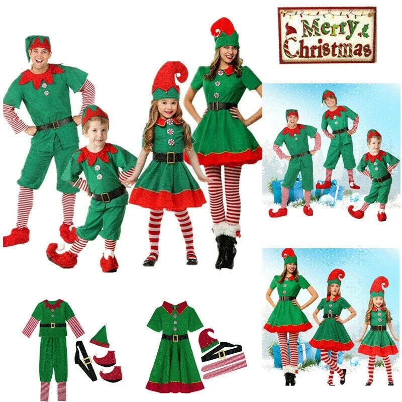 

Christmas Elf Costume Party Family Christmas Role Playing Outfit Green Santa Claus Performance Clothing Fancy Dress Kids Adult