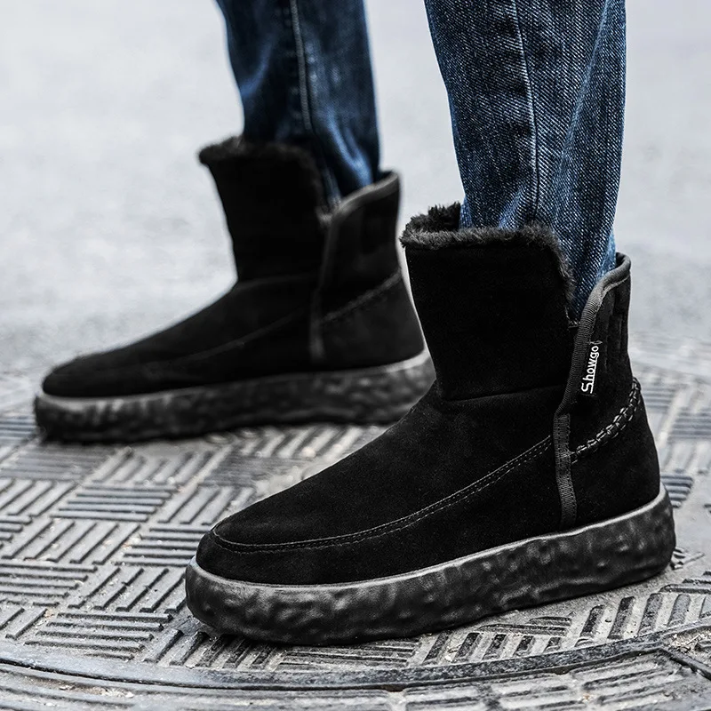 

Зимние мужские кожаные теплые плюшевые ботильоны, мужские Нескользящие уличные повседневные хлопковые ботинки, обувь