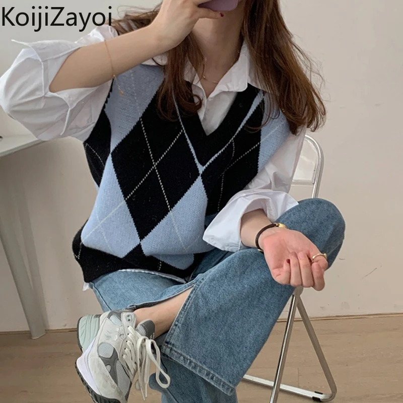 

Koijizayoi Vintage Women Plaid Loose Vest Knitted Casual Sleeveless Camisole 2022 Spring Autumn Chic Sweater Vests Outwear Tops