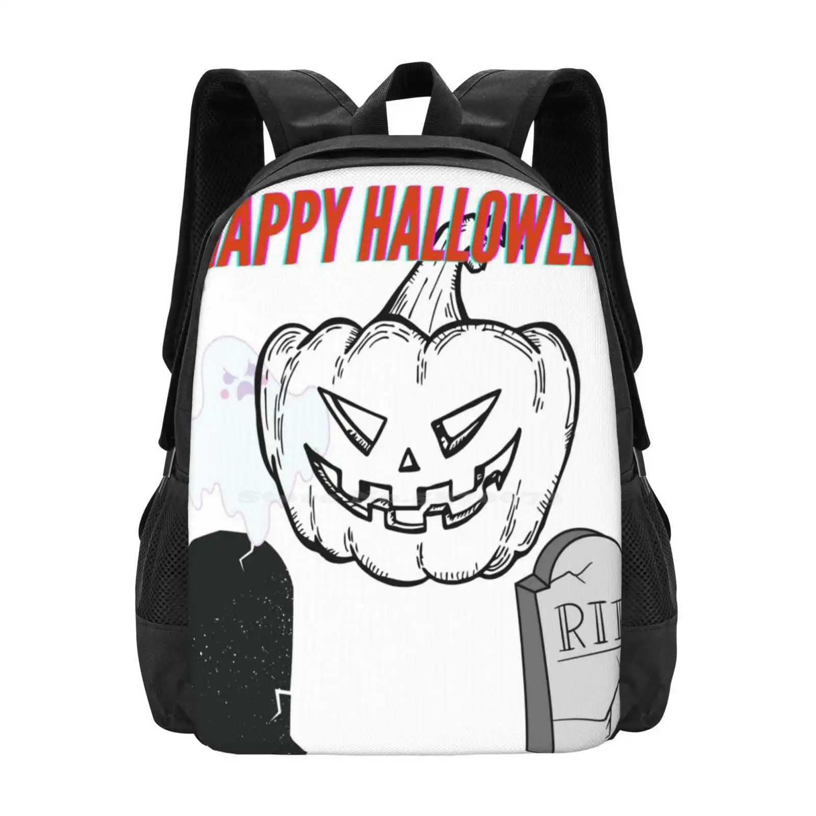 

Happy Halloween Pattern Design Bagpack School Bags Spooky October Autumn Pug Halloween Pumpkin Inkpug Pink Orange Skull Funny