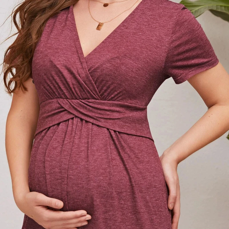 Moms Pregnancy Maternity Clothes Maternity Tops Women's Pregnancy Red Long Sleeve Dress Maternity Solid Breastfeeding Dress images - 6