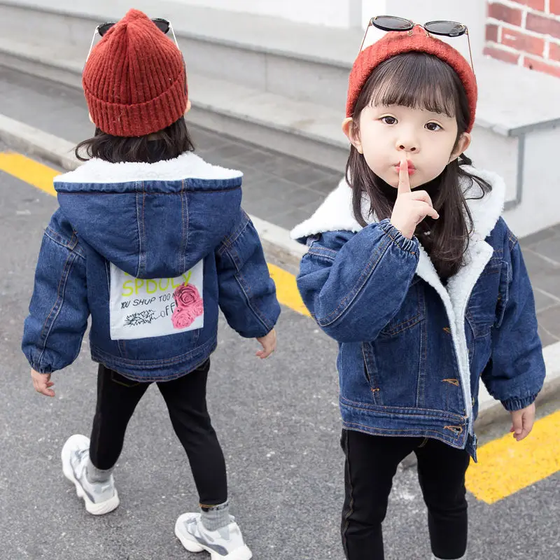 

Single-breasted Faux Fur Jacket Kids Hooded Denim Coat Baby Girl Winter Clothes Fashion Cartoon Print Jeanswear Warm Girls Coats