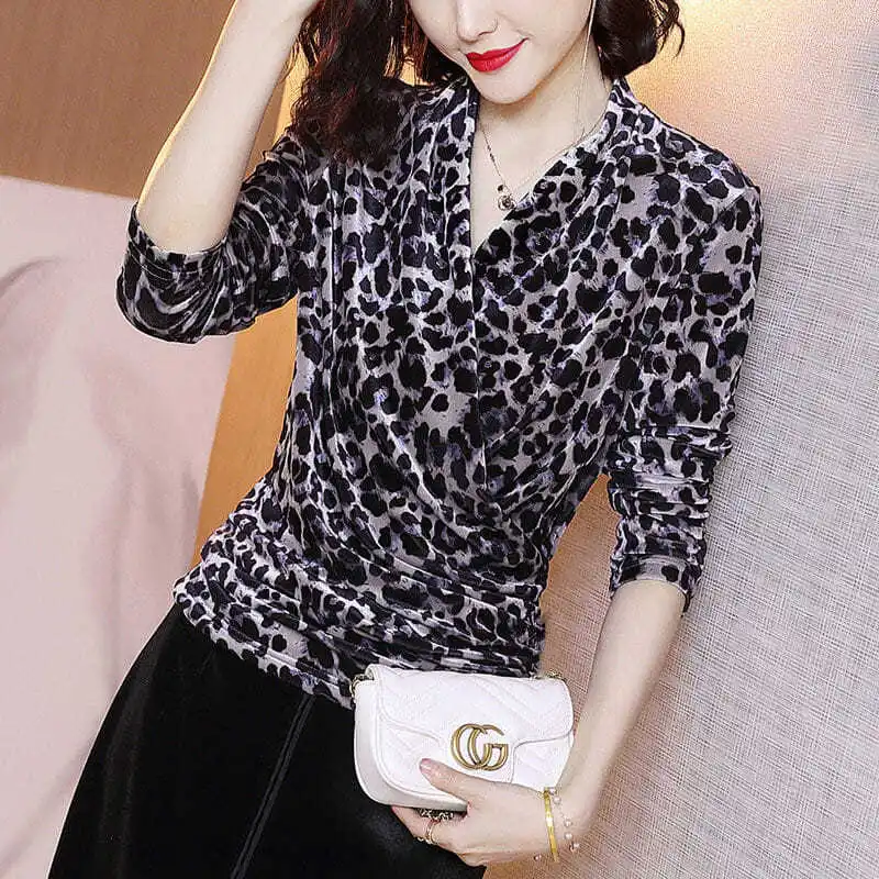 Blouse Women Fall and Winter Clothes Leopard Print Sexy V-neck Shirts Women's Long Sleeve Slim-Fit Top Blusas Ropa De Mujer
