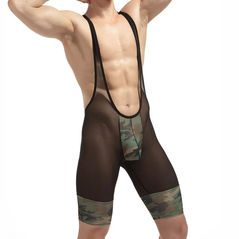 Mesh Men Undershirt Sexy Jumpsuit See Camouflage Soft Breathable Underwear Transparent Shorts Bodysuits Boxers Wrestling Suits