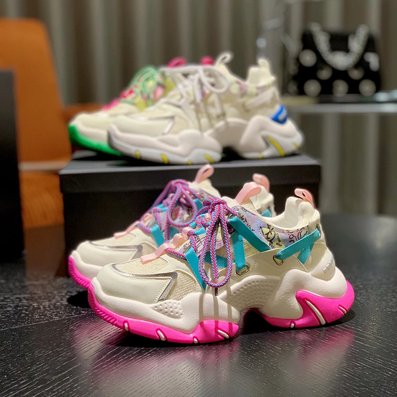 

Fashion New Lace-up Running Shoes Walking Fitness Shoes Ladies High Heel Sneakers Breathable Thick-soled Sneakers