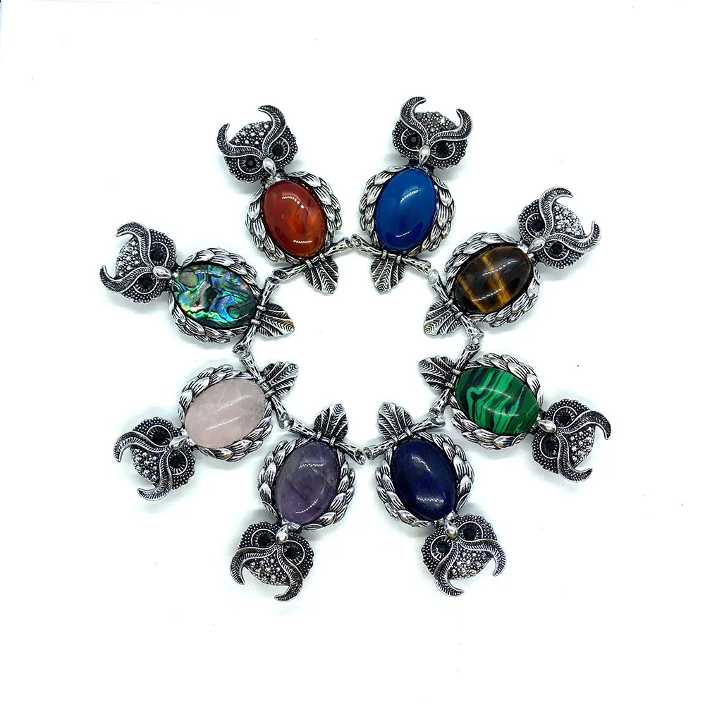 

Natural Stone Shell Brooch Pendants Amethyst Opal Crystal Owl Shape Charms for Fashion Jewelry Making DIY Necklace Accessories