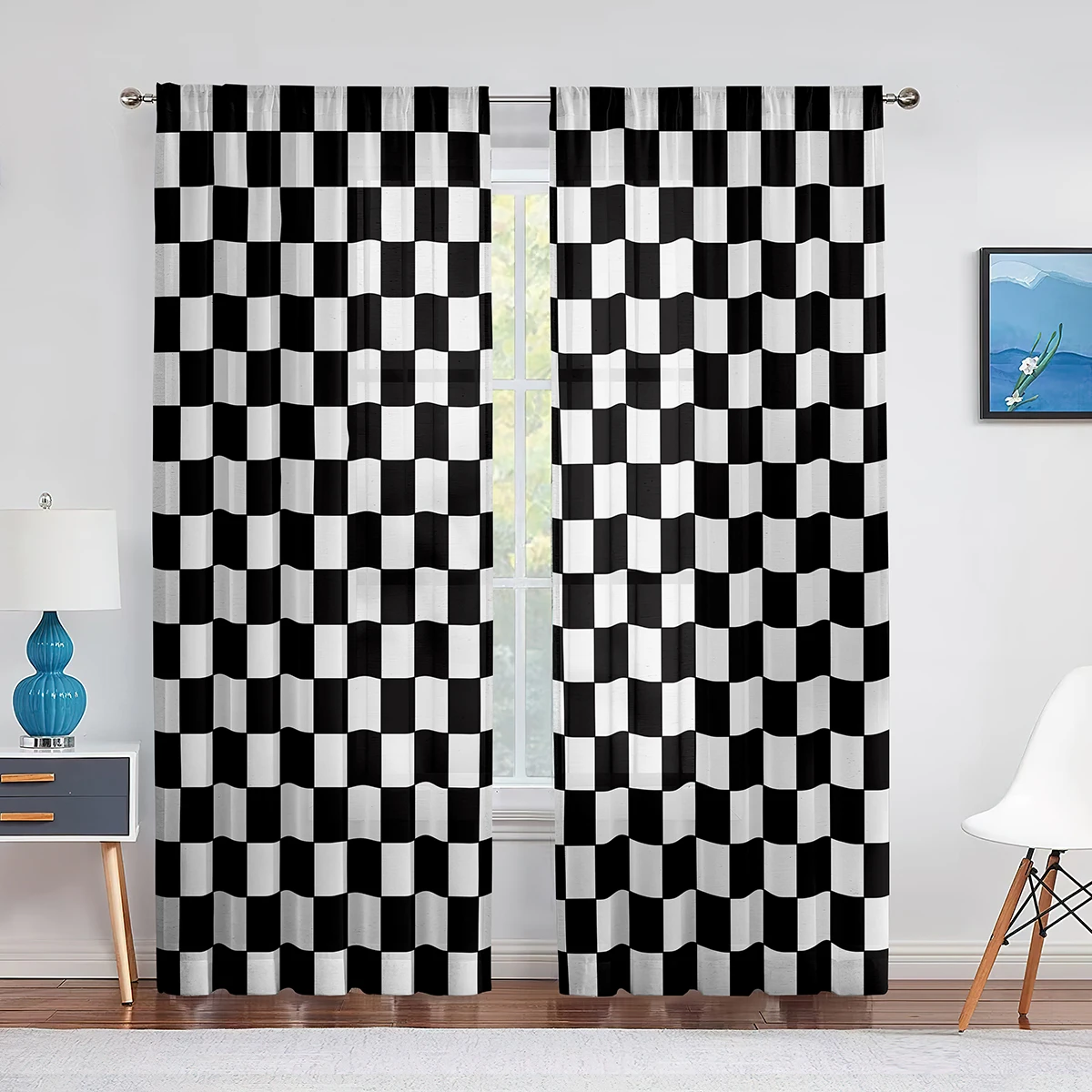Black and White Checkered Sheer Voile Curtain for Living Room Bedroom Kitchen Decorations Race Car Flag Window Tulle Curtains