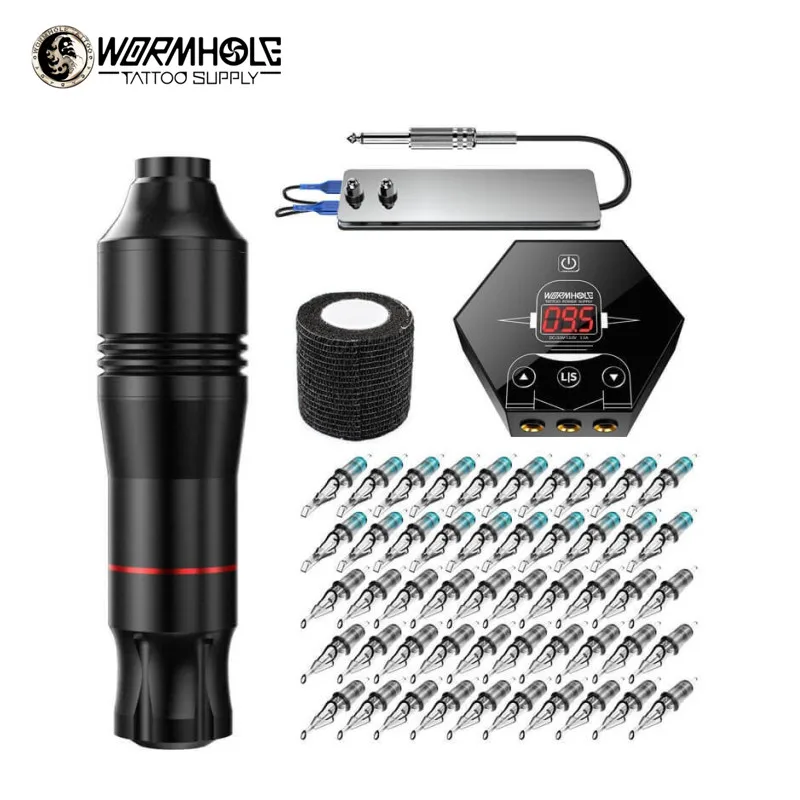 Wormhole Professional Tattoo Permanent Makeup Tattoo Machine Kit Tattoo Rotary Pen Set Artist Makeup LCD Power Supply