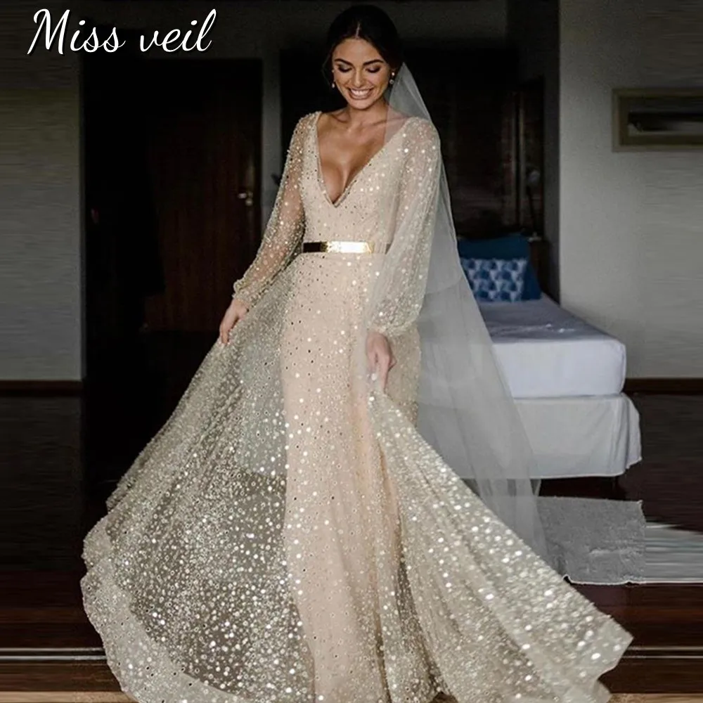 

Miss Veil Tulle Wedding Dress Deep V-Neck Sparkle Sexy Backless Bride Gown Zipper Long Sleeve A-Line Beach Vestido de casamento