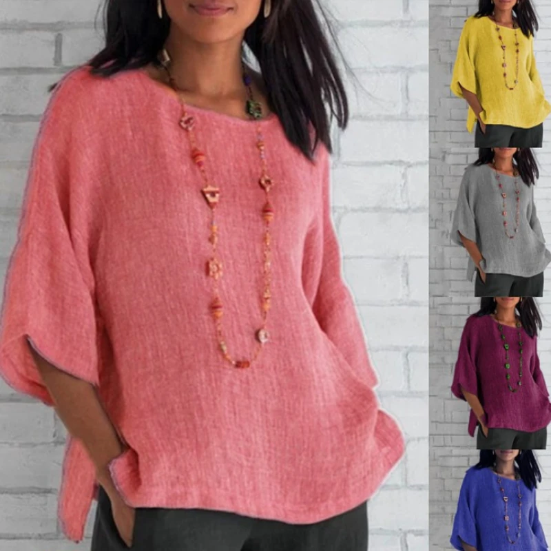 

Женская Свободная блузка из хлопка и льна, повседневная Однотонная рубашка большого размера, розовый, синий топ, уличная одежда, 5XL, лето 2020