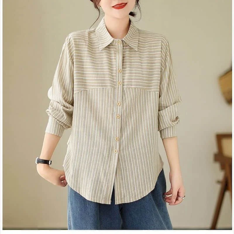Женская рубашка-поло в полоску с длинным рукавом
