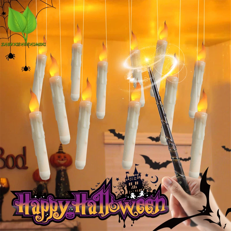 

New Warm Light Decoration Halloween Flameless Candles Magic Wand Remote Hanging Operated Potter Harries Battery Floating Candles