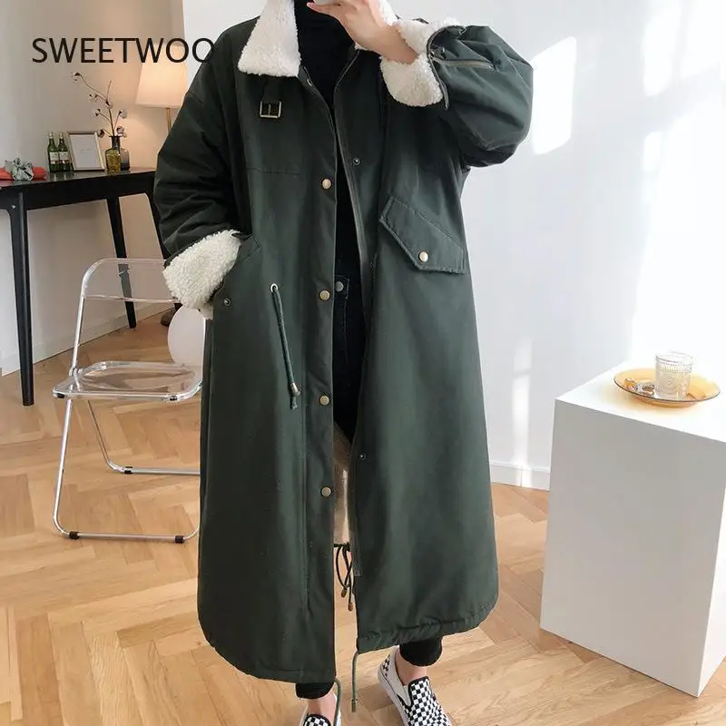 Women Winter Lamb Wool Coat Fur Collar Long-Sleeved Long Section Over The Knee Loose Casual Solid Color Fashion Coat Slim Tide