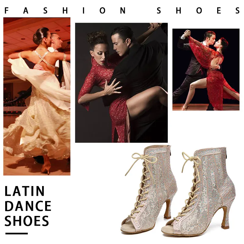 SWDZM Women Latin Dance Shoes Ladies High Heels Ballroom Party Dancing Shoes New Mesh Lace Latin Performance Dance Boots
