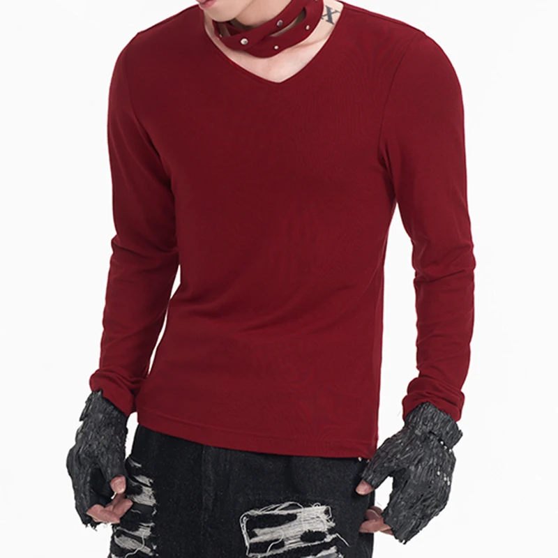 FEWQ мужские футболки с v-образным вырезом однотонные тонкие флисовые длинными