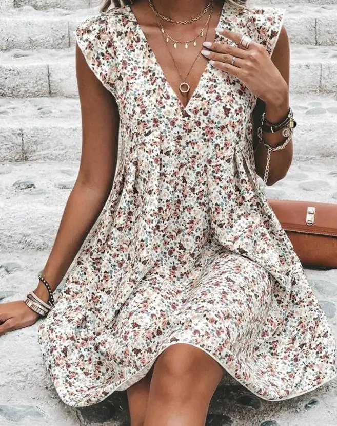 

Women's Dress 2023 Summer Vacation Fashion Ditsy Floral Print Plunge Flutter Sleeve V-Neck Casual Mini Dresses Female clothing
