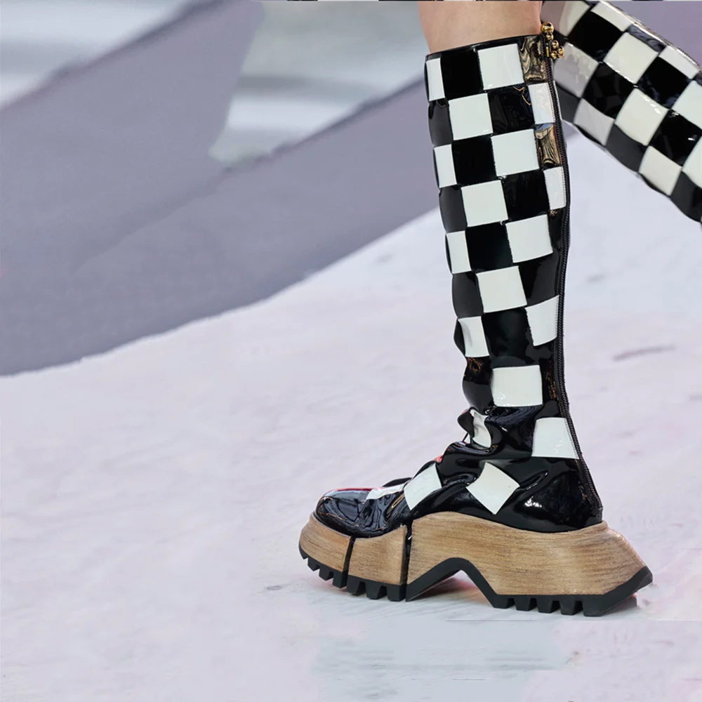 Women Black White Leather Chelsea Boots Platform Zipper Lattice Designer Knee High Boots 2023 New Round Toe Thick Sole Shoes