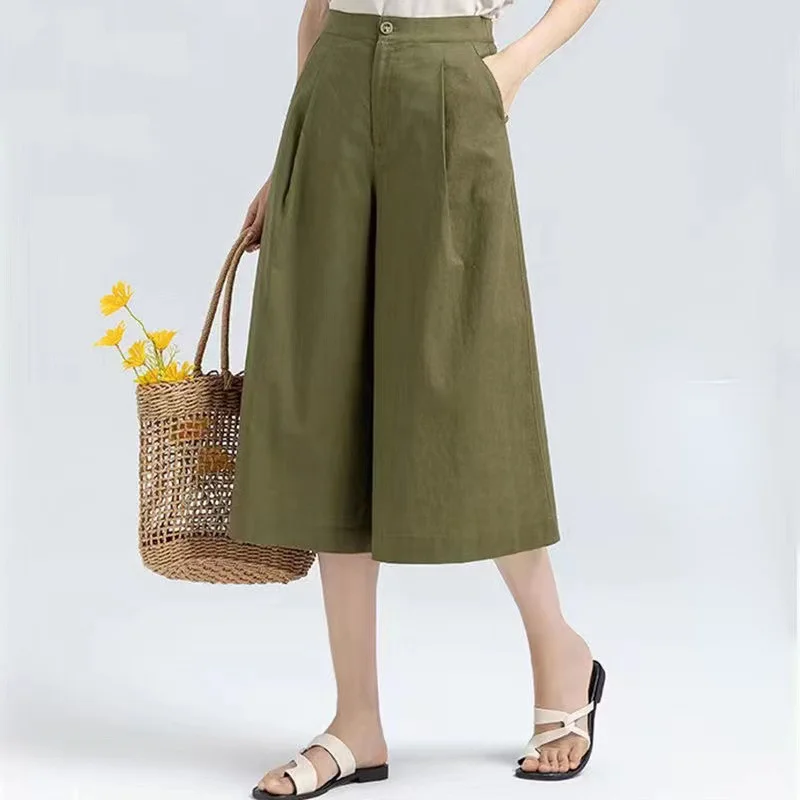 

2023 новые летние модные винтажные хлопковые конопляные однотонные свободные укороченные повседневные брюки с эластичным поясом для женщин