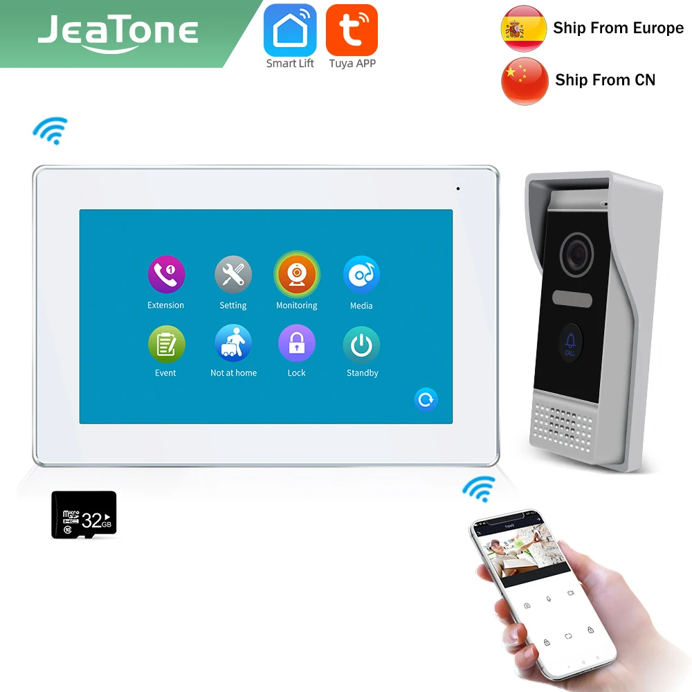Jeatone smart home 7” WIFI 4 wire Video Intercom for home indoor Monitor Motion Detection Doorbell with camera Outdoor Tuya