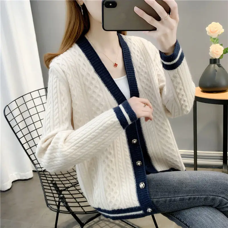 Spring loose lazy fried dough twist Sweater Cardigan Jacket Women's 2022 new spring fashion color matching V-Neck Sweater