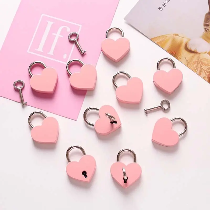 

Antique Style Heart Shape Padlock Vintage Lock with Key Pink Romantic Key for Travel Wedding Jewelry Box Diary Book Suitcase